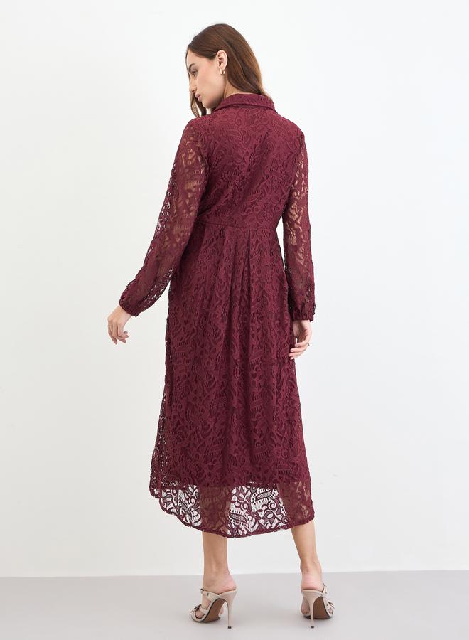 Styli Burgundy Lace Wrap Midi Dress - Image 5