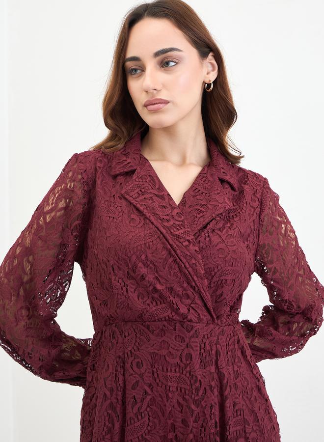 Styli Burgundy Lace Wrap Midi Dress - Image 4