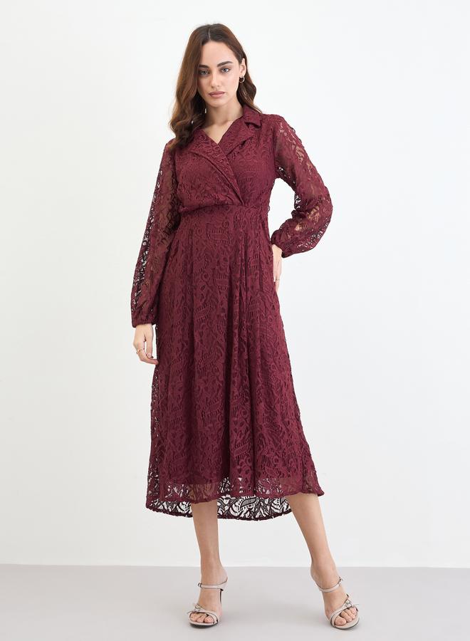 Styli Burgundy Lace Wrap Midi Dress - Image 3