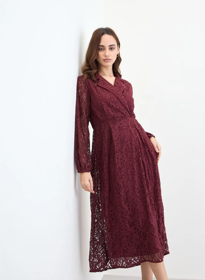 Styli Burgundy Lace Wrap Midi Dress