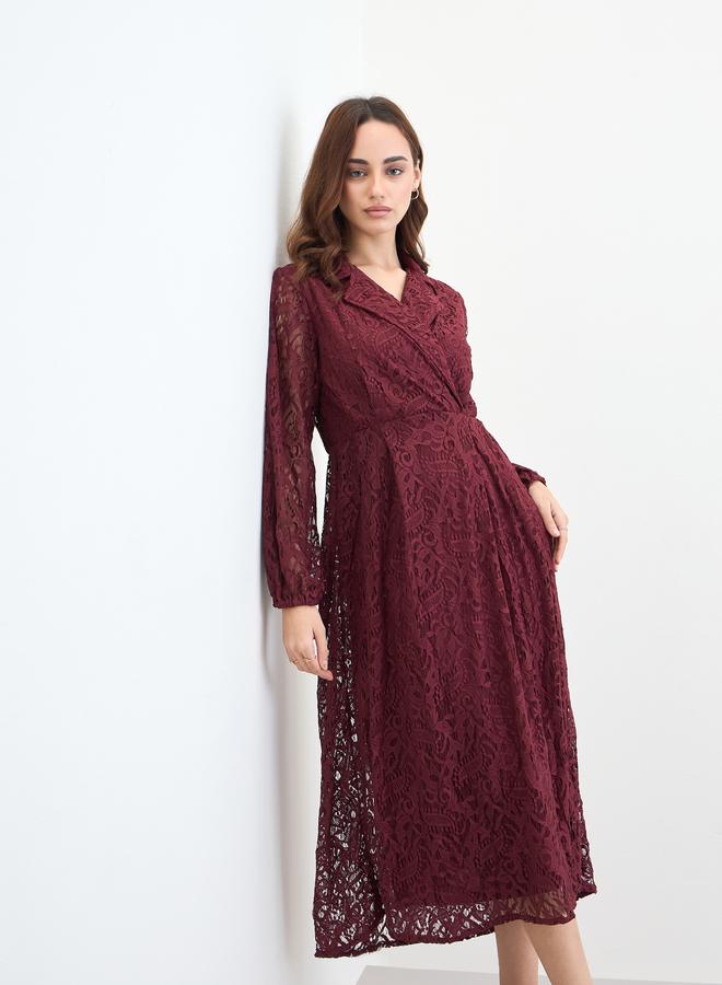 Styli Burgundy Lace Wrap Midi Dress - Image 2