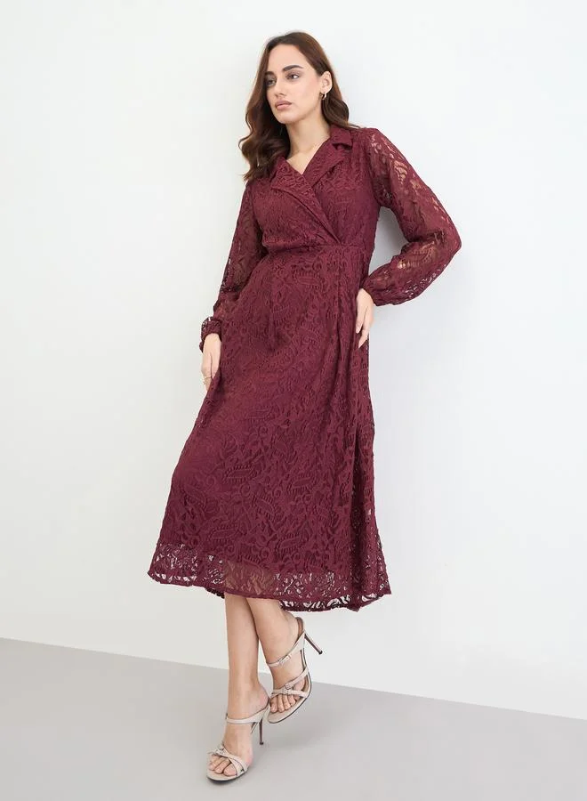 Styli Burgundy Lace Wrap Midi Dress