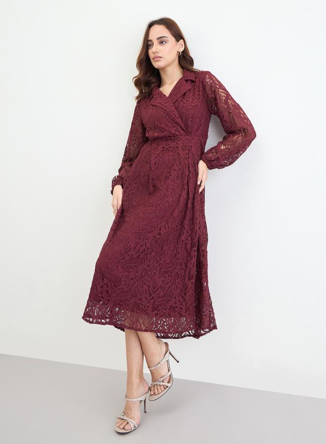 Styli Burgundy Lace Wrap Midi Dress - Image 1