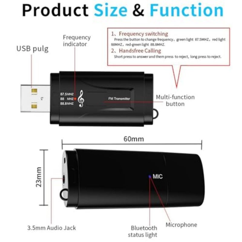Bluetooth Car Adapter FM Transmitter, Bluetooth 5.0 USB Audio Receiver with Hands-Free Calling, Plug and Play AUX Adapter for Car Stereo, Speaker and Headset - Image 3