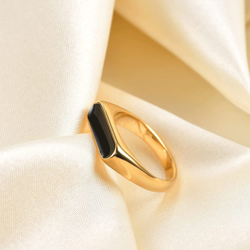 VQYSKO Signet Stainless Steel Band Ring18k Gold Plated Fashion Cute Stacking Wedding Engagement Fidget Ring fo Women Teen, Size 5-10 (Gold+Black, 6) - Image 3