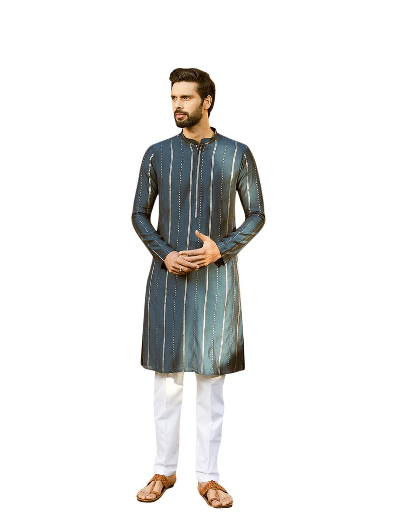 See Designs Men Full Sleeve Teal And Gold Chanderi Silk Sequins Mandarin Collar Side Slit Kurta With Pyjama - SD2KT_242801XL - Image 1