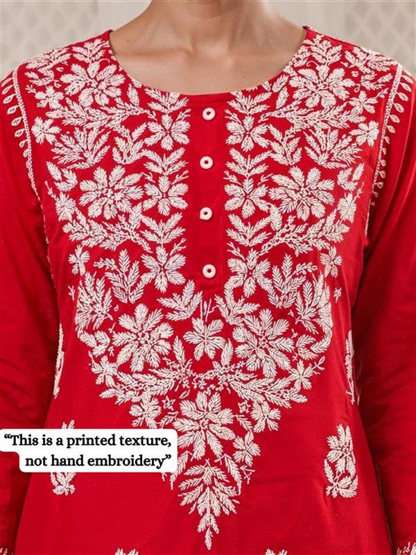 Yash Gallery Women’s Rayon Red Printed 3-Piece Kurta Set with Dupatta & Pants |Straight Fit Ethnic Wear | Floral Printed Design | Festive, Office & Casual Wear | Not Embroidered - Image 3