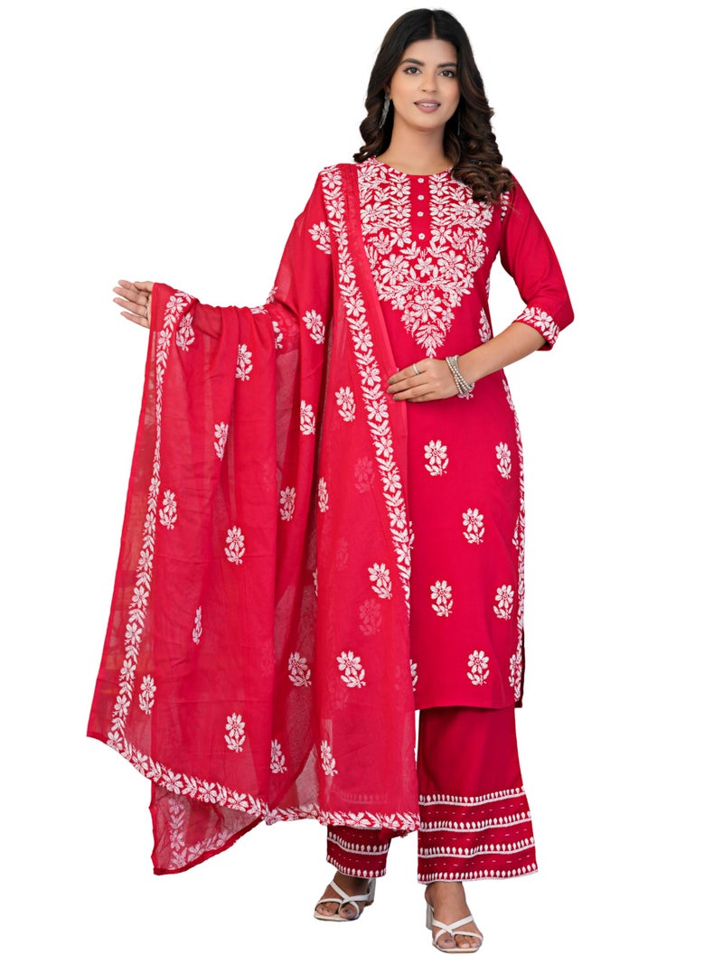 Yash Gallery Women’s Rayon Red Printed 3-Piece Kurta Set with Dupatta & Pants |Straight Fit Ethnic Wear | Floral Printed Design | Festive, Office & Casual Wear | Not Embroidered - Image 1