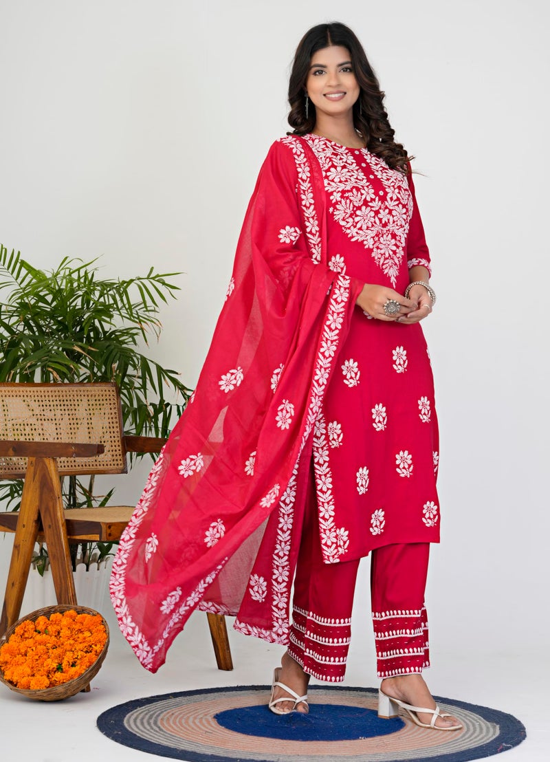 Yash Gallery Women’s Rayon Red Printed 3-Piece Kurta Set with Dupatta & Pants |Straight Fit Ethnic Wear | Floral Printed Design | Festive, Office & Casual Wear | Not Embroidered - Image 2