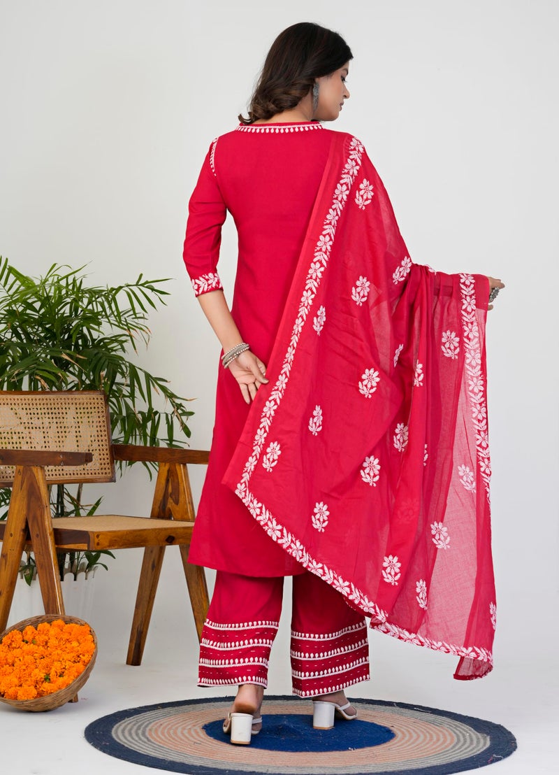 Yash Gallery Women’s Rayon Red Printed 3-Piece Kurta Set with Dupatta & Pants |Straight Fit Ethnic Wear | Floral Printed Design | Festive, Office & Casual Wear | Not Embroidered - Image 5