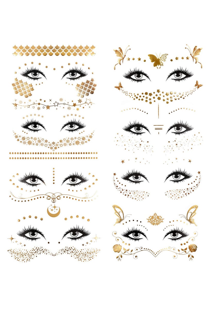 قوس قزح أورينبو 8 أوراق وشم الوجه ملصق نقل مؤقت معدني مقاوم للماء مجوهرات الوجه للنساء والفتيات مكياج راقصة حفلات أزياء وشم ذهبي لامع فراشة نجمة نمش مقياس - Image 1