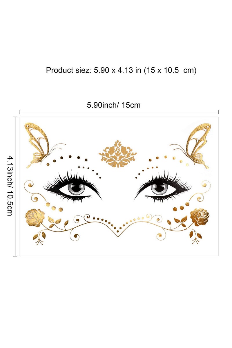 قوس قزح أورينبو 8 أوراق وشم الوجه ملصق نقل مؤقت معدني مقاوم للماء مجوهرات الوجه للنساء والفتيات مكياج راقصة حفلات أزياء وشم ذهبي لامع فراشة نجمة نمش مقياس - Image 2