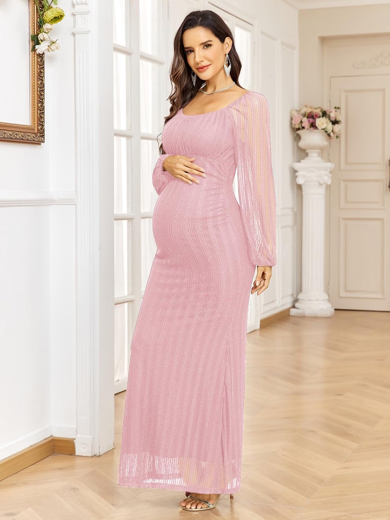 AISWI Sparkly Mesh Maternity Dress Long Sleeve Square Neck Baby Shower Pregnancy Dresses for Photoshoot Semi Formal, Pink, Large - Image 5