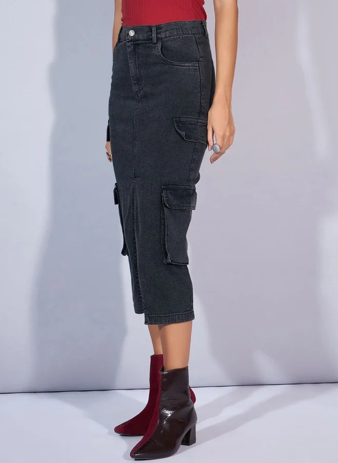 ساسافراس Black Denim Midi Cargo Skirt for Women