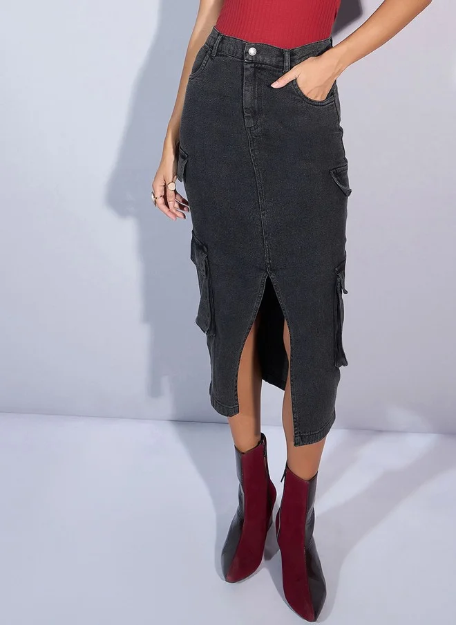 ساسافراس Black Denim Midi Cargo Skirt for Women