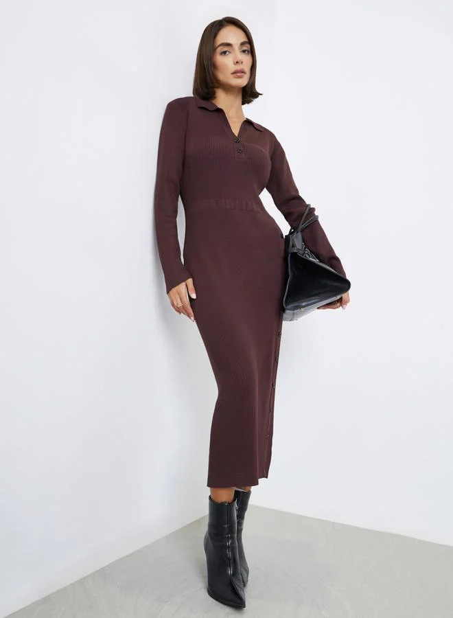 Brown Ribbed Knit Sweater Midi Dress