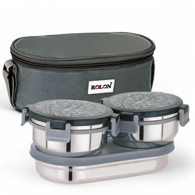 LUNCH LOCK DOUBLE DECKER GREY LEAKPROOF DESIGN PORTABLE AND DURABLE TIFFIN BOX 2 STAINLESS STEEL ROUND CONTAINERS 300ML EACH 1 ROTI CONTAINER 550ML WITH INSULATED SOFT POUCH