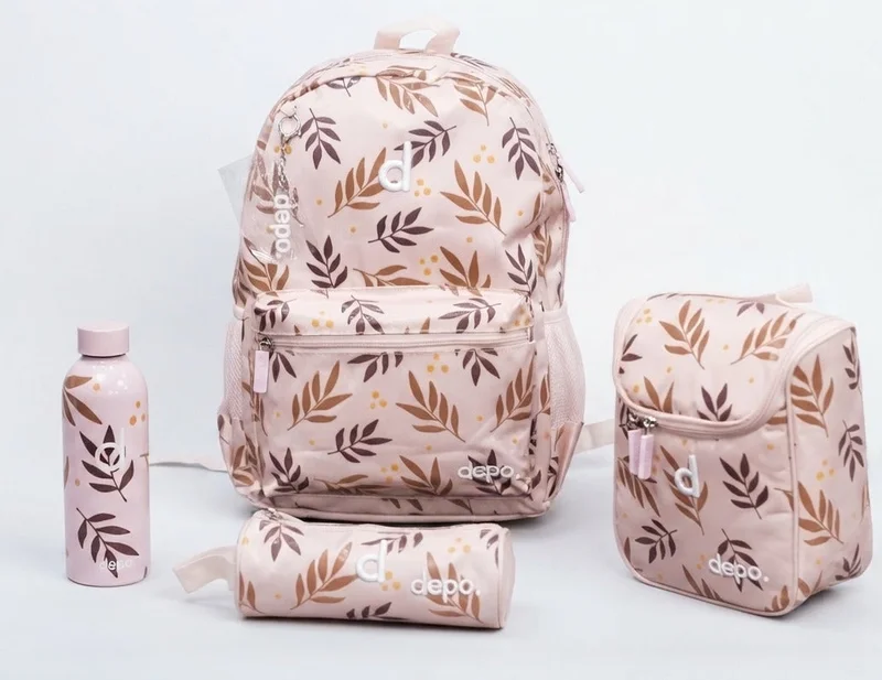 Depo DEPO Beige & Brown Botanical Leaf Print 4-Piece School Backpack Set – 44cm Backpack, Insulated Lunch Bag, Pencil Case & 500ml Stainless Steel Water Bottle | Lightweight & Water-Resistant