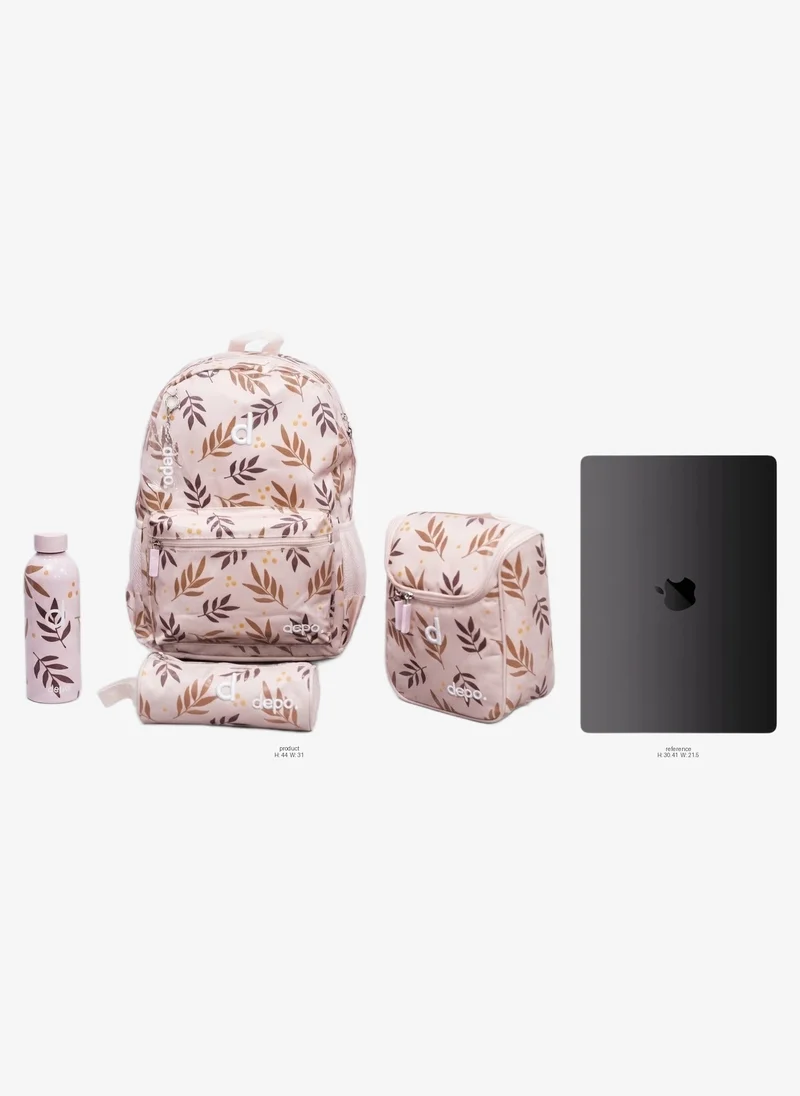 Depo DEPO Beige & Brown Botanical Leaf Print 4-Piece School Backpack Set – 44cm Backpack, Insulated Lunch Bag, Pencil Case & 500ml Stainless Steel Water Bottle | Lightweight & Water-Resistant
