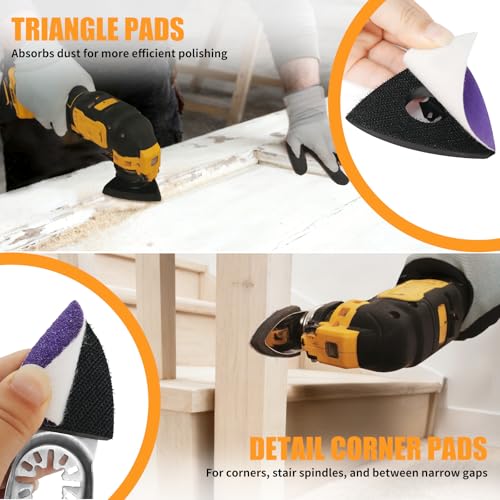 AMZWEI Upgraded 266CS Zirconia Oscillating Tool Sanding Kit with 3 Triangle & 3 Finger Sanding Pads, 260 Detail Sandpapers for Corner Wood Plaster Sanding, Comptatible with Dewalt, Milwaukee, Ryobi - Image 4
