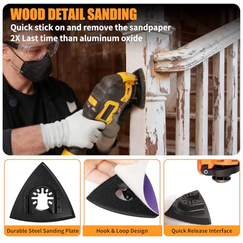 AMZWEI Upgraded 266CS Zirconia Oscillating Tool Sanding Kit with 3 Triangle & 3 Finger Sanding Pads, 260 Detail Sandpapers for Corner Wood Plaster Sanding, Comptatible with Dewalt, Milwaukee, Ryobi - Image 5
