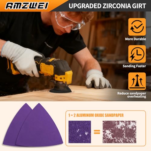 AMZWEI Upgraded 266CS Zirconia Oscillating Tool Sanding Kit with 3 Triangle & 3 Finger Sanding Pads, 260 Detail Sandpapers for Corner Wood Plaster Sanding, Comptatible with Dewalt, Milwaukee, Ryobi - Image 2