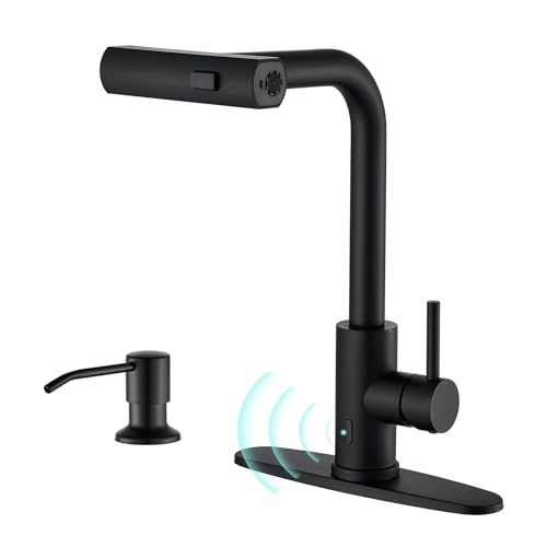 AVSIILE Matte Black Touchless Kitchen Faucets with Pull Down Sprayer Soap Dispenser Waterfall Single Hole Handle Pull Out Sink Faucet Suitable for Farmhouse Camper Laundry Rv Bar - Image 1
