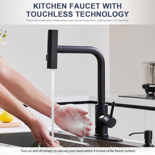 AVSIILE Matte Black Touchless Kitchen Faucets with Pull Down Sprayer Soap Dispenser Waterfall Single Hole Handle Pull Out Sink Faucet Suitable for Farmhouse Camper Laundry Rv Bar - Image 3