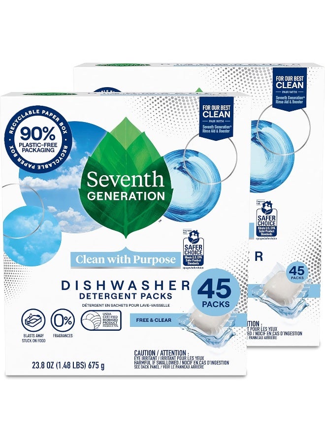 Seventh Generation Dishwasher Detergent Packs Free & Clear Pack of 2 for sparkling dishes Dishwasher tabs 45 count - Image 1