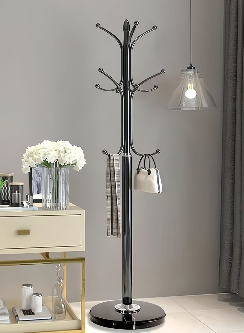 GGEROU Metal Coat Rack Stand with Natural Marble Base, Tree Coat Rack Stand, Free Standing Hall Tree with 12 Hooks for Hanging Scarf, Bag, Jacket, Home Entry-way Hat Hanger Organizer(Black) - Image 1