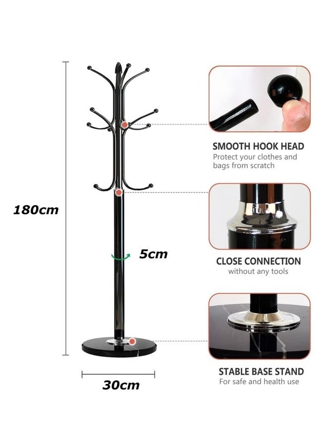 GGEROU Metal Coat Rack Stand with Natural Marble Base, Tree Coat Rack Stand, Free Standing Hall Tree with 12 Hooks for Hanging Scarf, Bag, Jacket, Home Entry-way Hat Hanger Organizer(Black) - Image 3