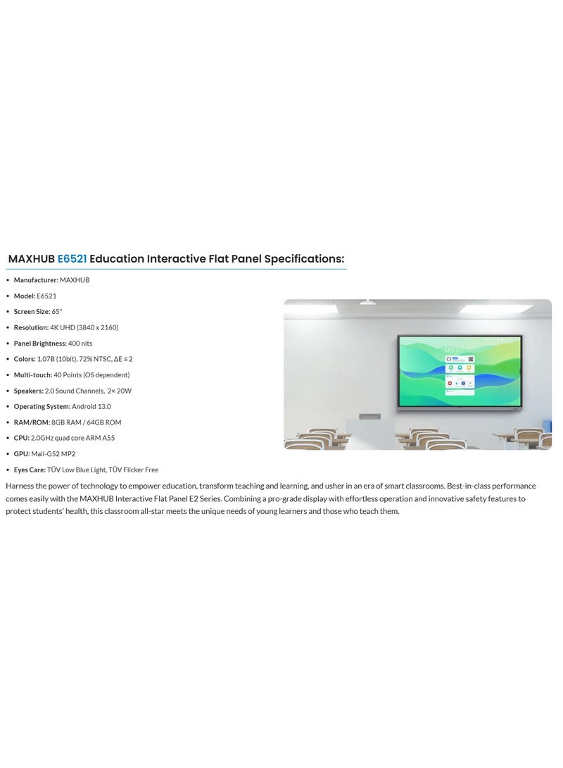 MAXHUB E6521 65" 4K Ultra HD Interactive Display for smart education and business use | Touchscreen 40 Point Multi Touch | 8GB RAM + 64GB Storage | Android 13 - Image 2