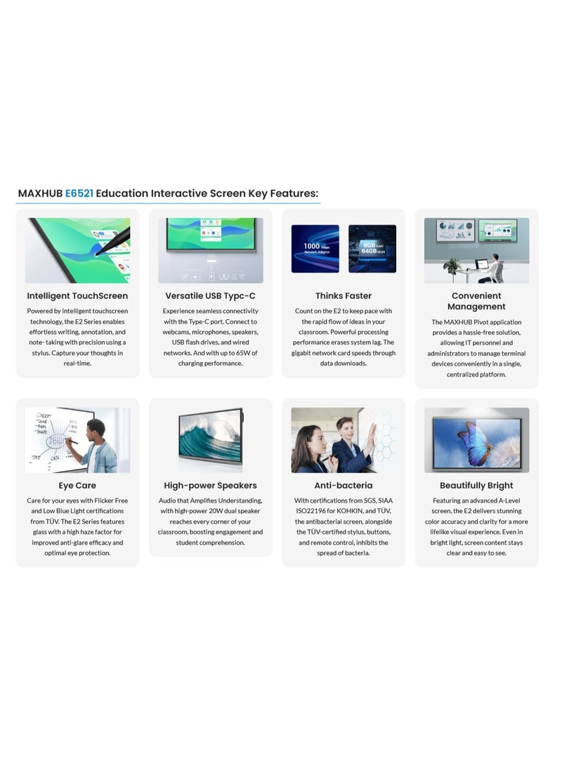 MAXHUB E6521 65" 4K Ultra HD Interactive Display for smart education and business use | Touchscreen 40 Point Multi Touch | 8GB RAM + 64GB Storage | Android 13 - Image 4