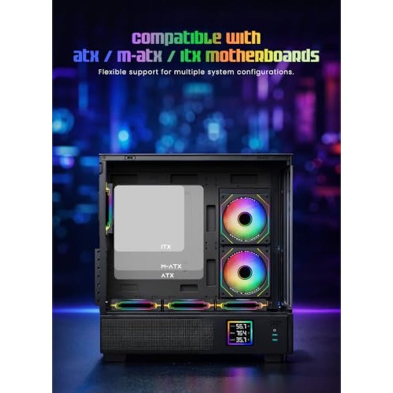 Nimbus Prime Tempered Glass ATX/M-ATX/ITX Gaming PC Case with Digital Temperature Display and 6 ARGB Infinite Loop Fans, Supports 360MM Radiator, VGA Length up to 405mm - Image 4