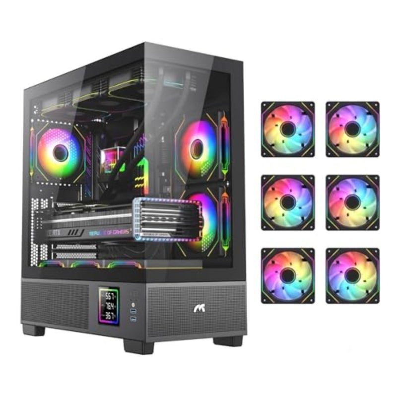 Nimbus Prime Tempered Glass ATX/M-ATX/ITX Gaming PC Case with Digital Temperature Display and 6 ARGB Infinite Loop Fans, Supports 360MM Radiator, VGA Length up to 405mm - Image 1