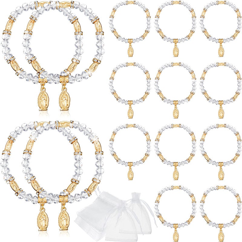MTLEE 15 Packs Baptism Favors Set Rosary Bead Bracelet Catholic Bracelets Recuerdos De Bautizo Crystal First Communion Gifts with Organza Bags for Baby Shower Weddings Party ThanksgivingGold