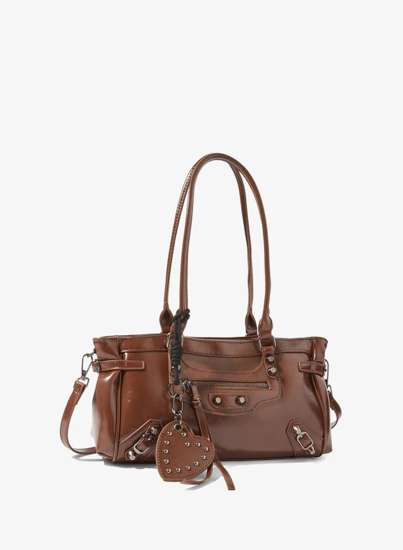 Brown City Bag with Studded Heart Charm