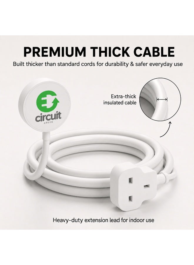 Circuit Green 3M/5M Extension Lead,1 Way Extension Cord 3M/5M with UK 3 Pin Plug Power Strip,Tough and Fireproof Single Extension Socket for Home&Office (White) - Image 5