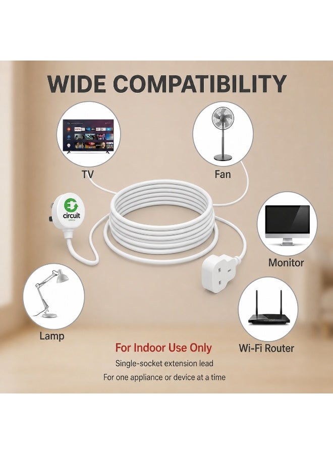 Circuit Green 3M/5M Extension Lead,1 Way Extension Cord 3M/5M with UK 3 Pin Plug Power Strip,Tough and Fireproof Single Extension Socket for Home&Office (White) - Image 3