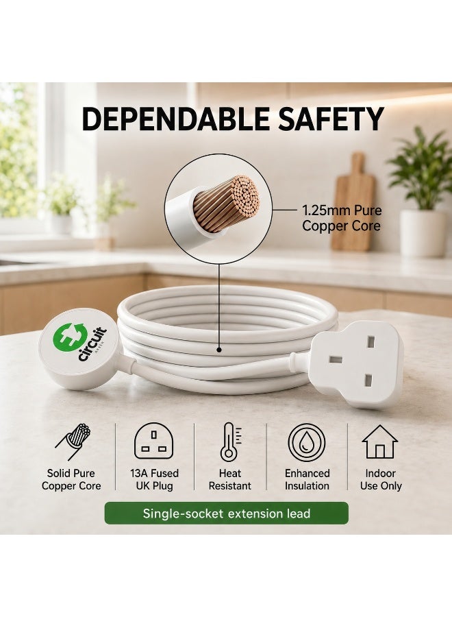 Circuit Green 3M/5M Extension Lead,1 Way Extension Cord 3M/5M with UK 3 Pin Plug Power Strip,Tough and Fireproof Single Extension Socket for Home&Office (White) - Image 4