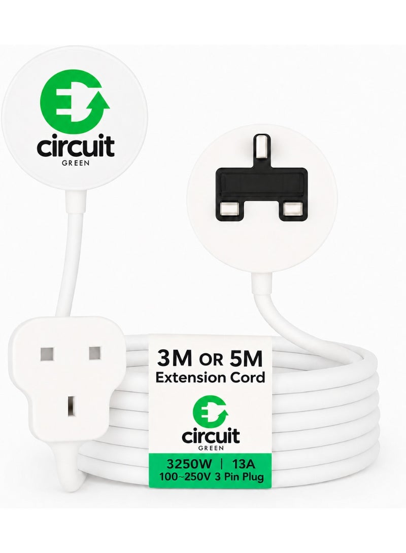 Circuit Green 3M/5M Extension Lead,1 Way Extension Cord 3M/5M with UK 3 Pin Plug Power Strip,Tough and Fireproof Single Extension Socket for Home&Office (White) - Image 1