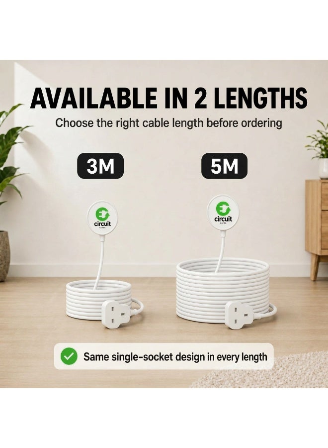 Circuit Green 3M/5M Extension Lead,1 Way Extension Cord 3M/5M with UK 3 Pin Plug Power Strip,Tough and Fireproof Single Extension Socket for Home&Office (White) - Image 2