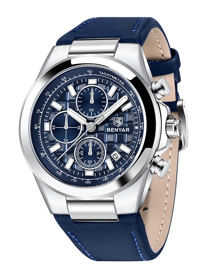BENYAR Men's Quartz Watch, 30M Waterproof, Luminous Pointers, Advanced Business Wristwatch, BY-5206 Leather Silver Blue - Image 1