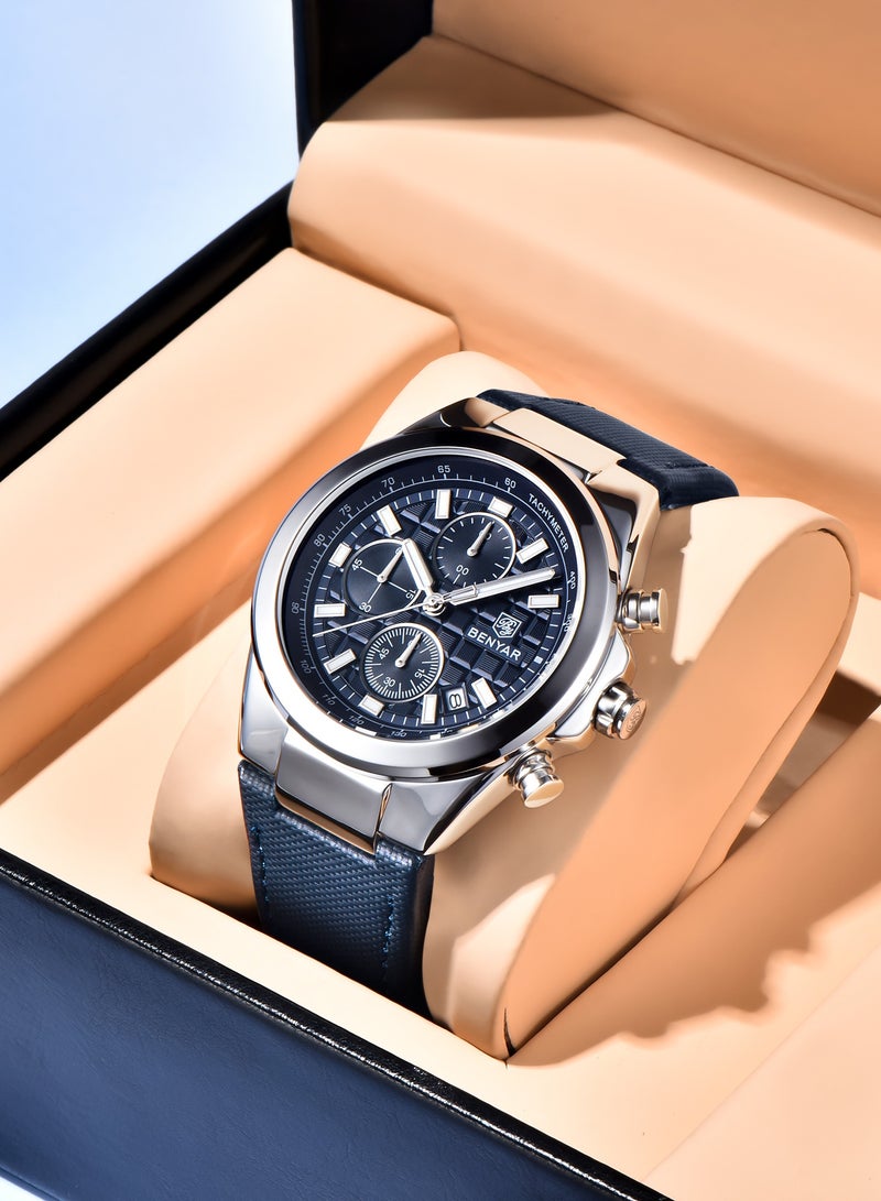 BENYAR Men's Quartz Watch, 30M Waterproof, Luminous Pointers, Advanced Business Wristwatch, BY-5206 Leather Silver Blue - Image 3