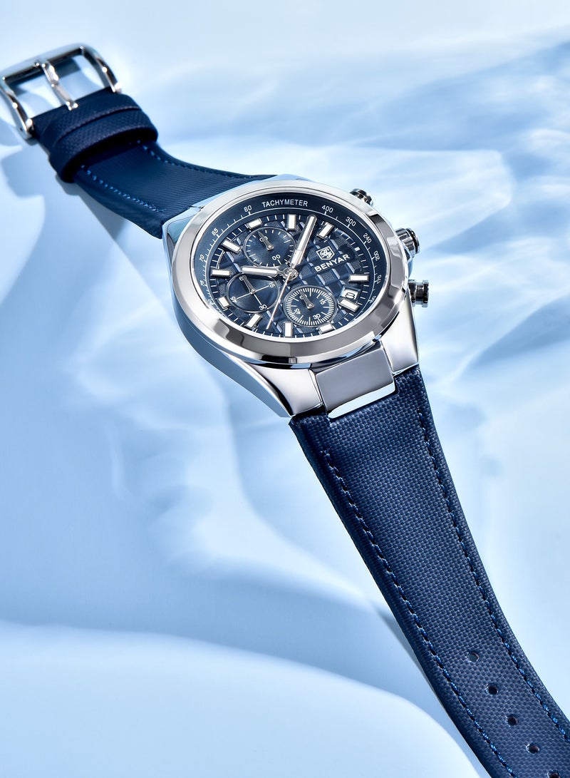 BENYAR Men's Quartz Watch, 30M Waterproof, Luminous Pointers, Advanced Business Wristwatch, BY-5206 Leather Silver Blue - Image 4
