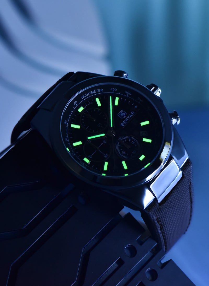 BENYAR Men's Quartz Watch, 30M Waterproof, Luminous Pointers, Advanced Business Wristwatch, BY-5206 Leather Silver Blue - Image 5