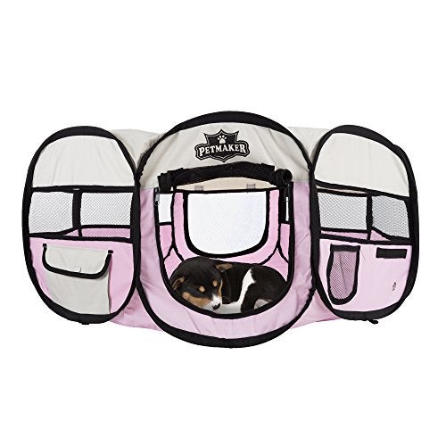 Portable Puppy Playpen Small PopUp Play Yard for Pets Up to 25lbs with Mesh Windows 2 Pockets Zippered Roof and Carry Bag by PETMAKER Pink