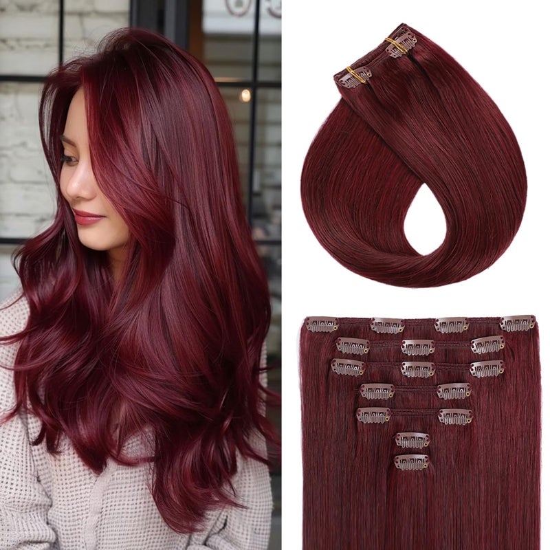 YILITE Clip In Hair Extensions Red Human Hair Extensions Clip Ins 16inch 70g 7pcs/Pack Burgundy Double Weft Silky Straight Remy Human Hair Thick Clip In Real Hair Extensions For Women