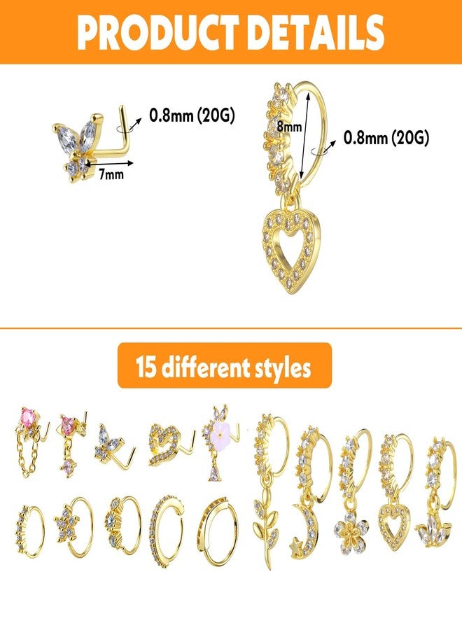 Yolev 15pcs Dangling Nose Ring 20g Gold Dangle Nose Ring Hoops And L Shaped Noses Stud Cz Dangle Dangly Noses Piercings Jewelry - Image 2