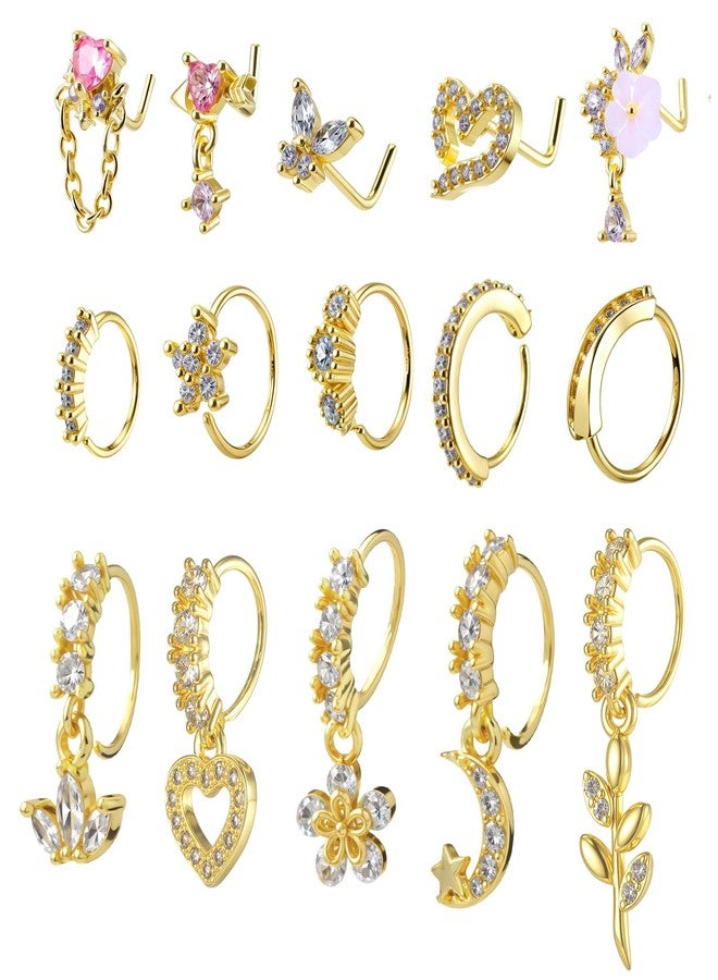 Yolev 15pcs Dangling Nose Ring 20g Gold Dangle Nose Ring Hoops And L Shaped Noses Stud Cz Dangle Dangly Noses Piercings Jewelry - Image 1
